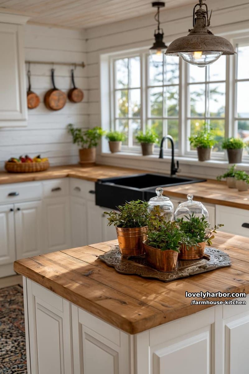 bright farmhouse with white cabinets, black sink, and copper kitchen accents. 1