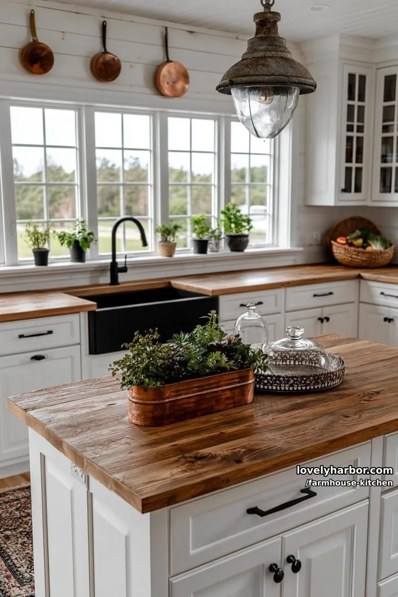 44 Trendy Farmhouse Kitchen Ideas to Inspire Your Next Remodel 61 bright farmhouse with white cabinets, black sink, and copper kitchen accents. 1