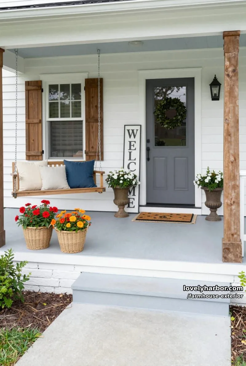44 New Farmhouse Exterior Designs To Copy 71 bright front porch, wood columns, porch swing, floral planters, farmhouse accents, welcome sign. 1
