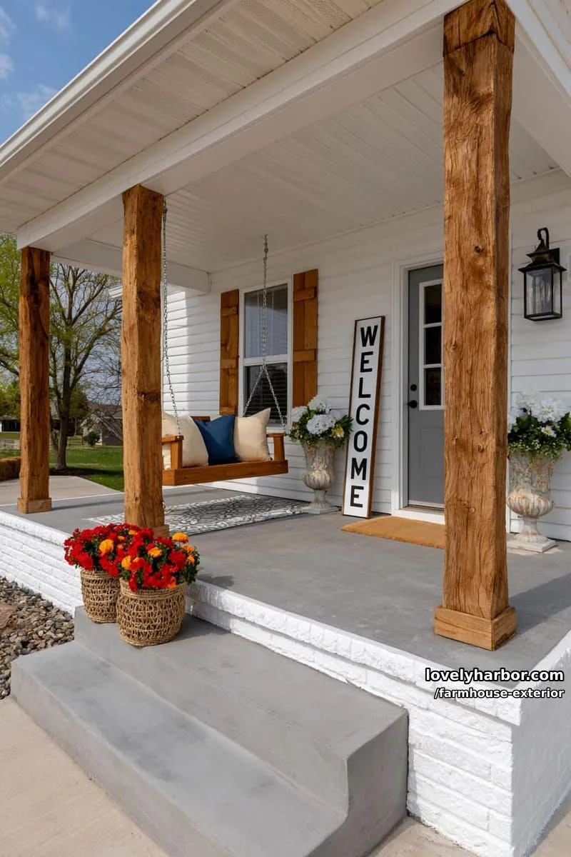 44 New Farmhouse Exterior Designs To Copy 72 bright front porch, wood columns, porch swing, floral planters, farmhouse accents, welcome sign. 1