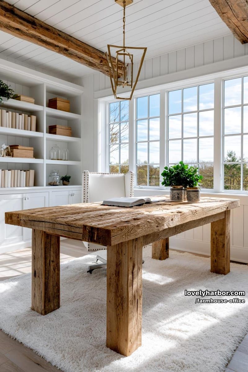bright home office with rustic desk, tall windows, brass lighting, and wood beams. 1
