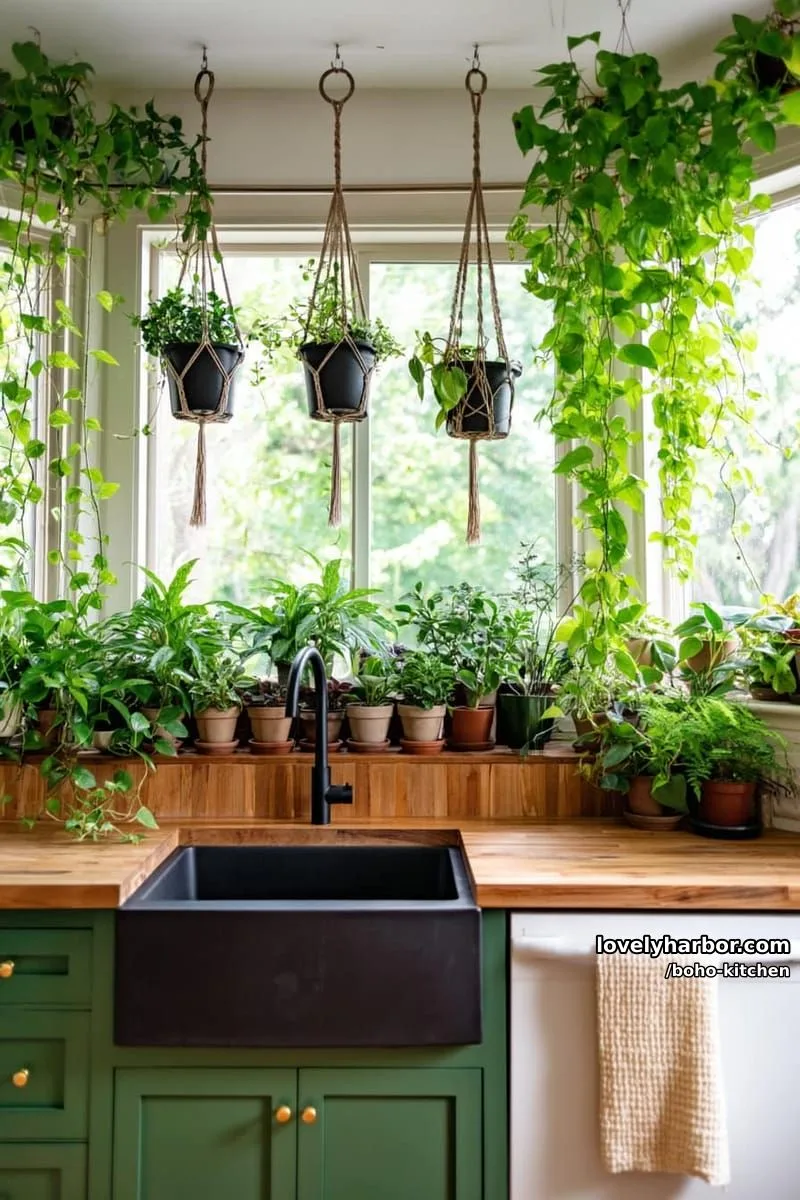 bright kitchen, green cabinets, wooden counters, black sink, macrame plant hangers. 1
