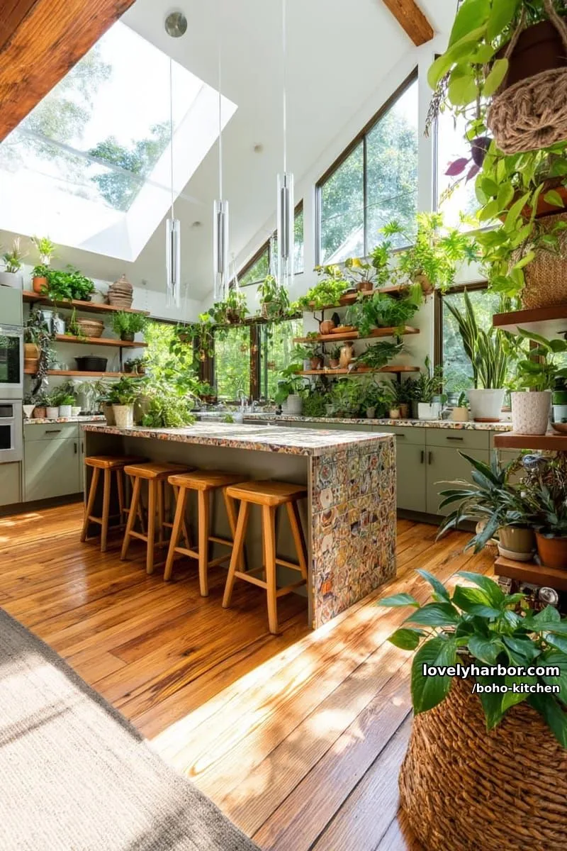 bright kitchen, mosaic island, sage cabinets, skylights, hanging plants, indoor garden feel. 1