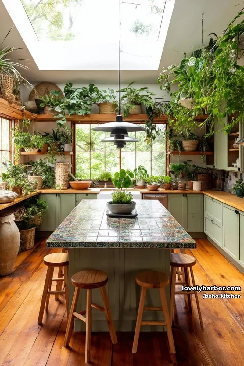 bright kitchen, mosaic island, sage cabinets, skylights, hanging plants, indoor garden feel. 1