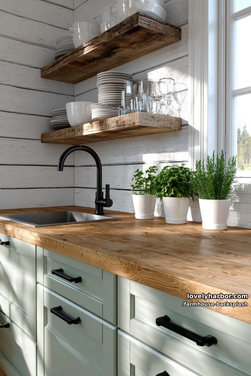 bright kitchen with butcher block, green cabinets, and rustic wood shelves. 1