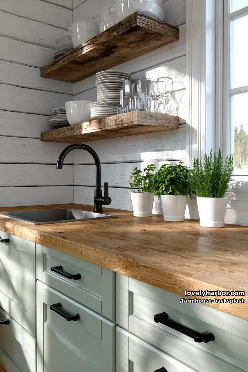 57 Stunning Farmhouse Backsplash Ideas You'll Love 43 bright kitchen with butcher block, green cabinets, and rustic wood shelves. 1