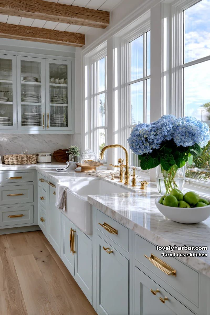 bright kitchen with pale blue cabinets, gold hardware, and hydrangea decor. 1