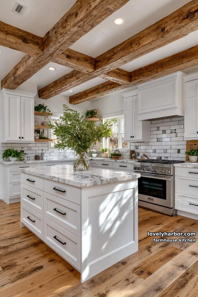 44 Trendy Farmhouse Kitchen Ideas to Inspire Your Next Remodel 35 bright kitchen with shaker cabinets, marble island, and fresh greenery. 1