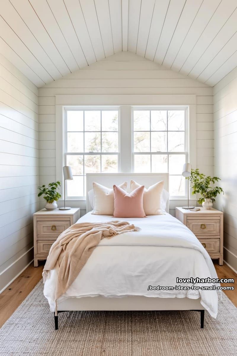 bright, organized bedroom with blush accents and matching nightstands. 1