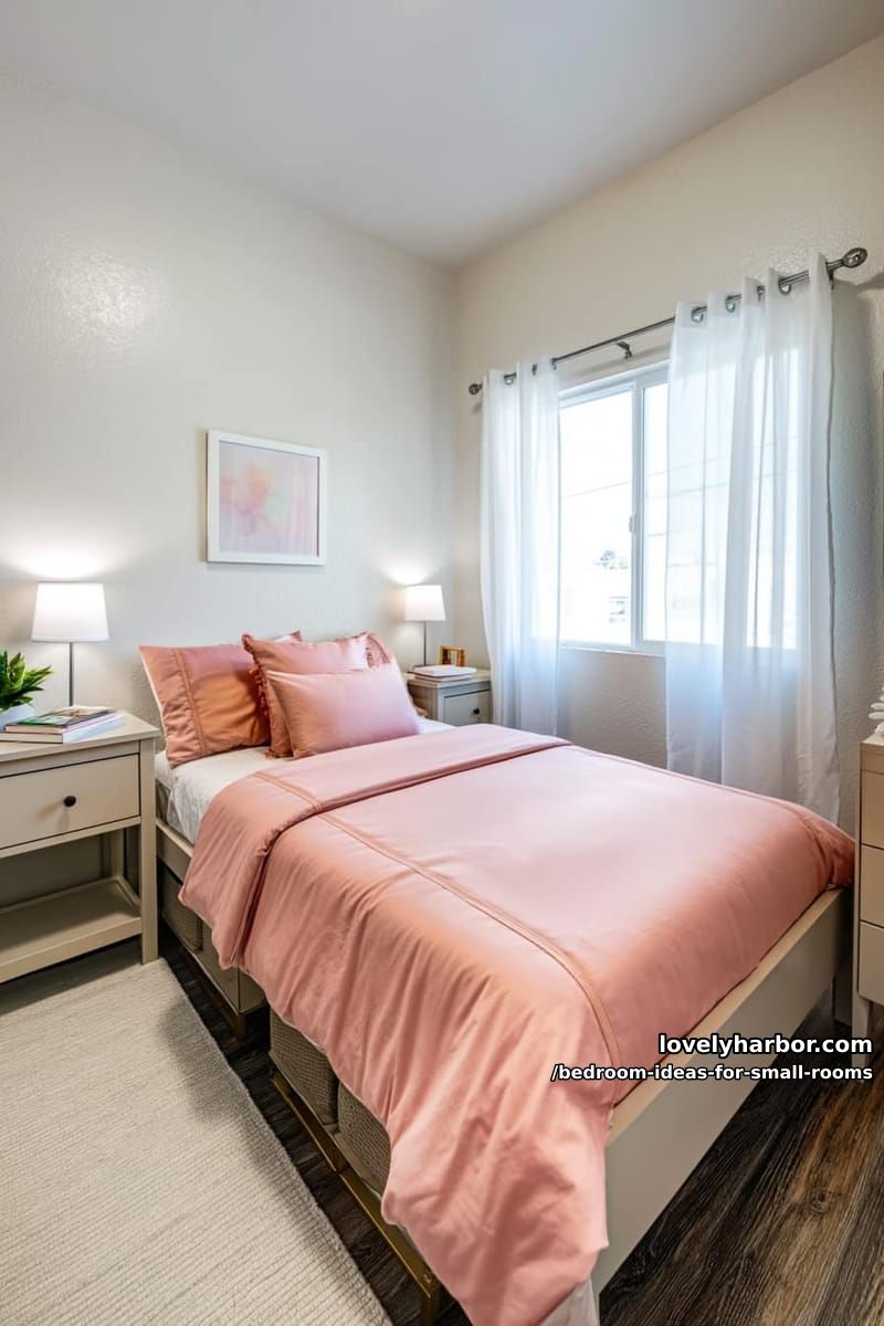 bright, organized bedroom with blush accents and matching nightstands. 1