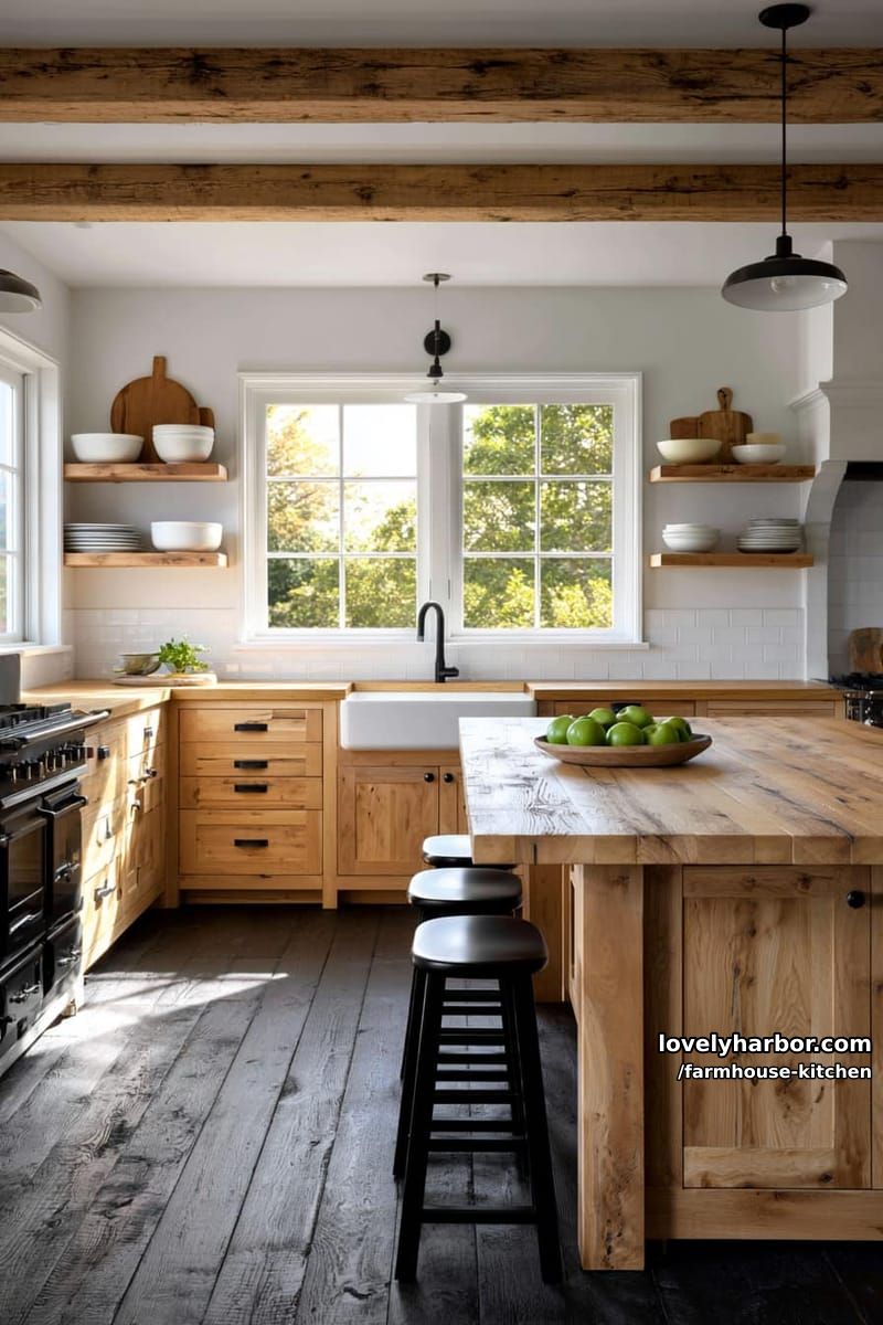 bright rustic kitchen with wood cabinetry, open shelves, and farmhouse sink. 1