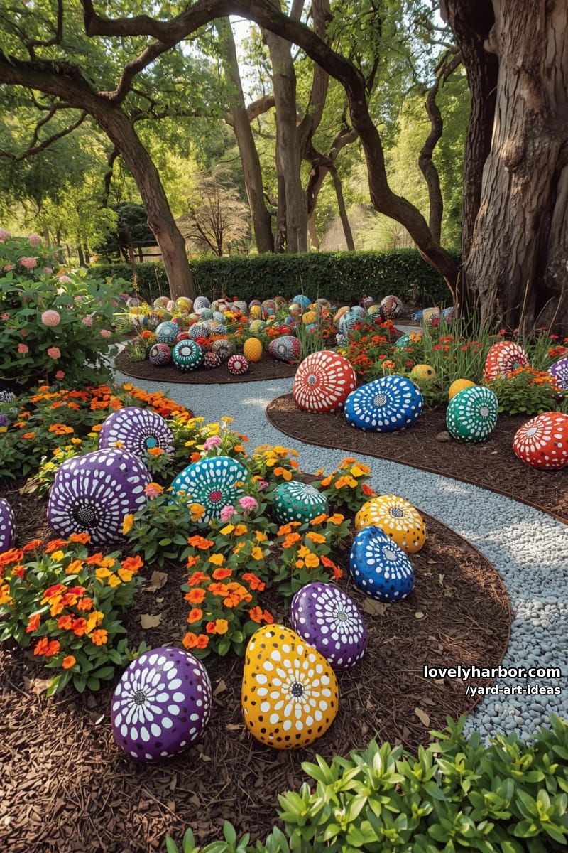 brightly painted polka dot rocks clustered in colorful garden beds. 1