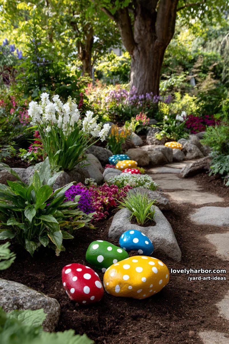 brightly painted polka dot rocks clustered in colorful garden beds. 1