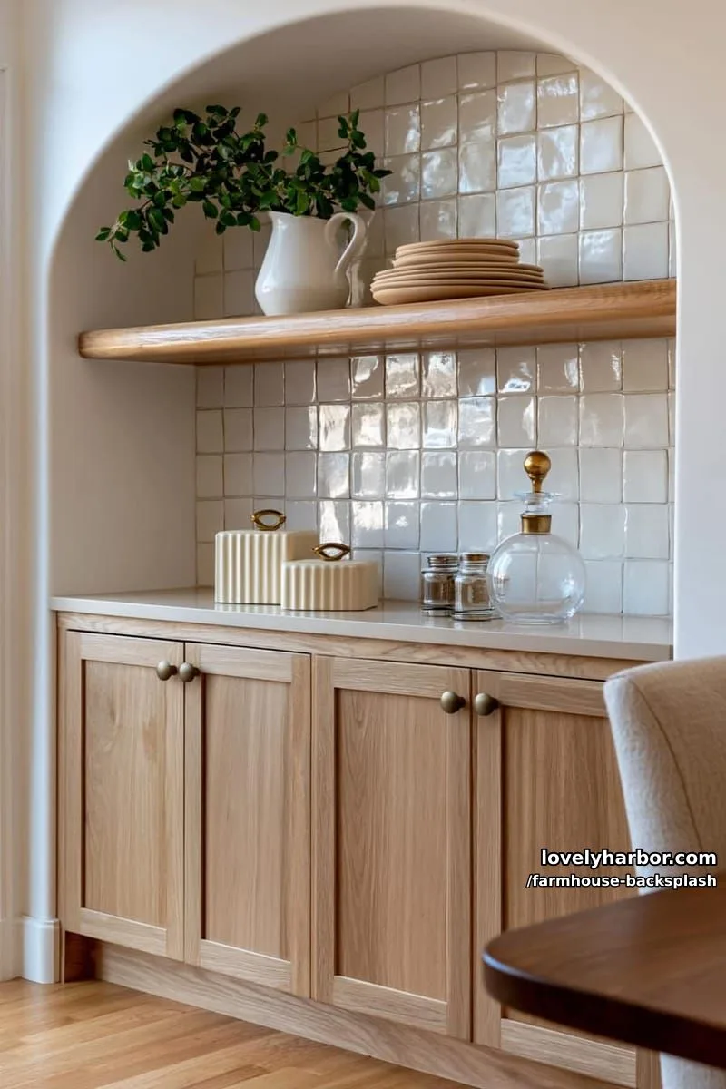 57 Stunning Farmhouse Backsplash Ideas You'll Love 15 built-in arched kitchen niche with wood cabinets and floating shelves. 1