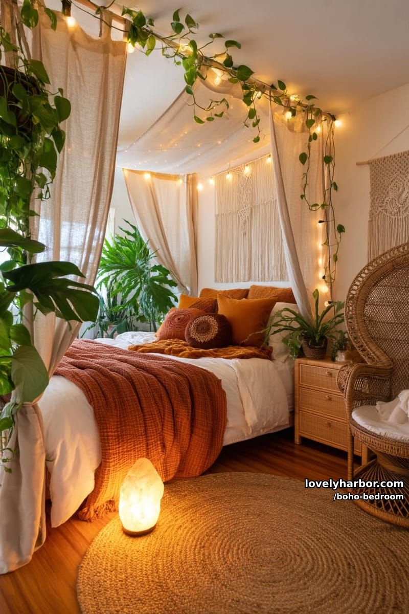 canopy bed with string lights, lush plants, and earthy bohemian decor. 1