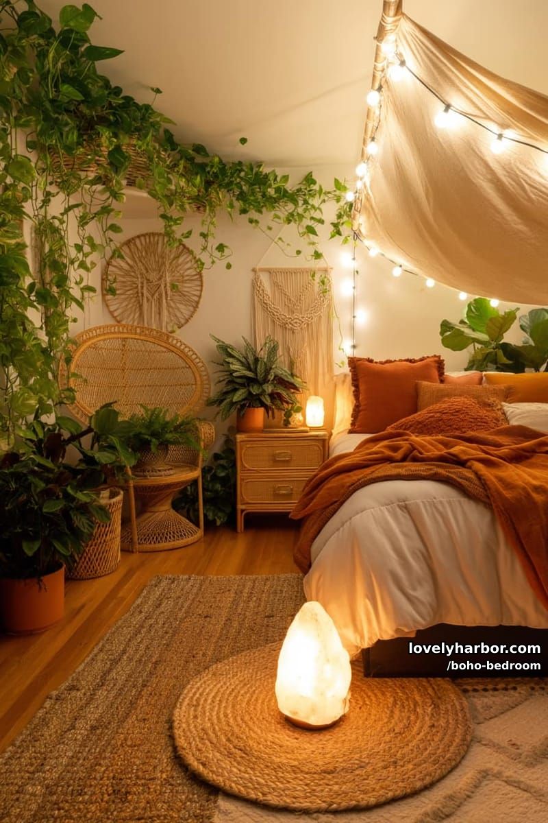 canopy bed with string lights, lush plants, and earthy bohemian decor. 1