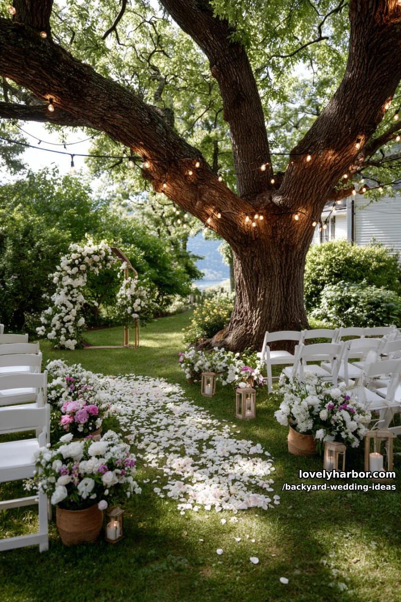 ceremony under large tree with fairy lights and blooming aisle flowers. 1