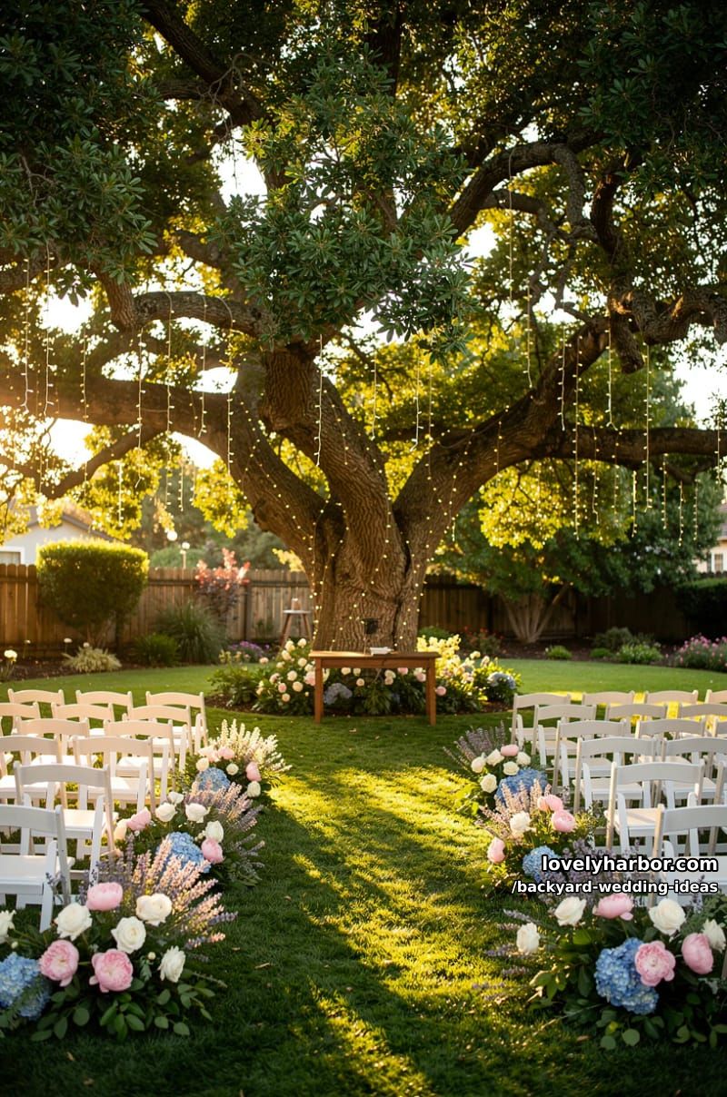ceremony under large tree with fairy lights and blooming aisle flowers. 1