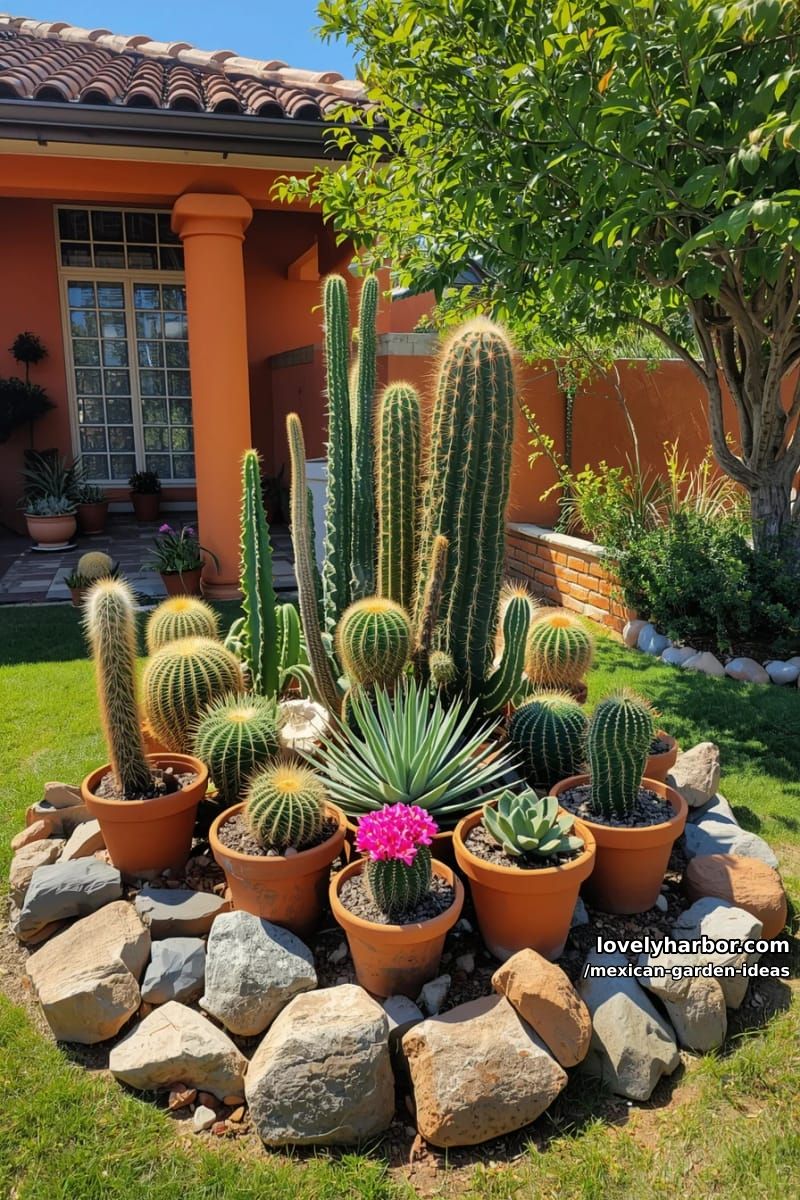 circular cactus and succulent garden with large stones and orange walls. 1