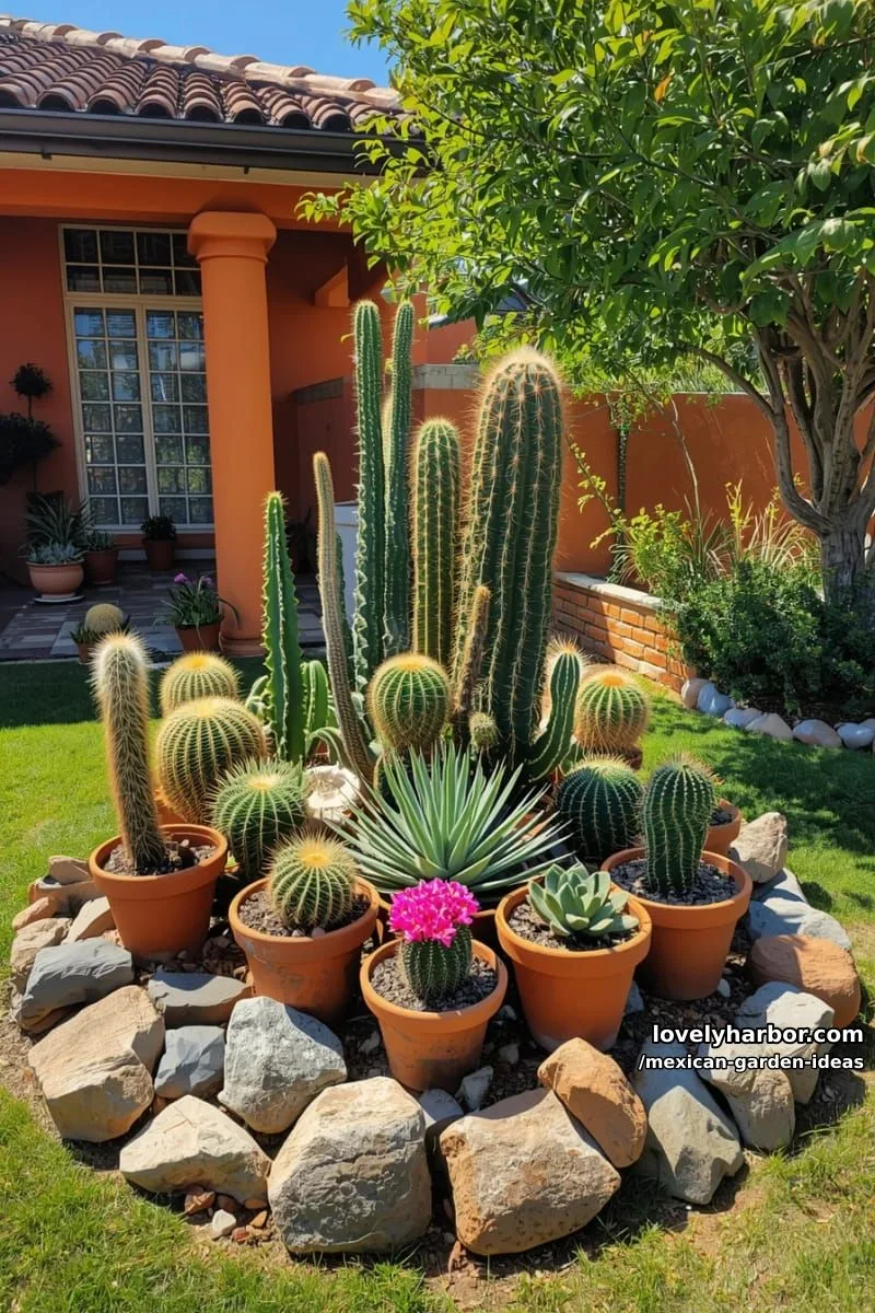 circular cactus and succulent garden with large stones and orange walls. 1