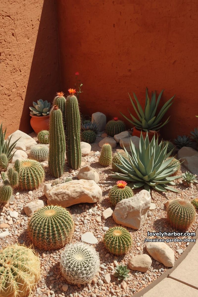 circular cactus and succulent garden with large stones and orange walls. 1
