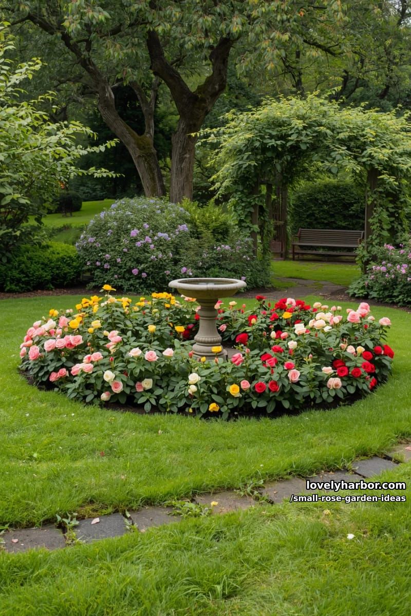 circular rose bush arrangement with birdbath and shaded wooden arbor. 1