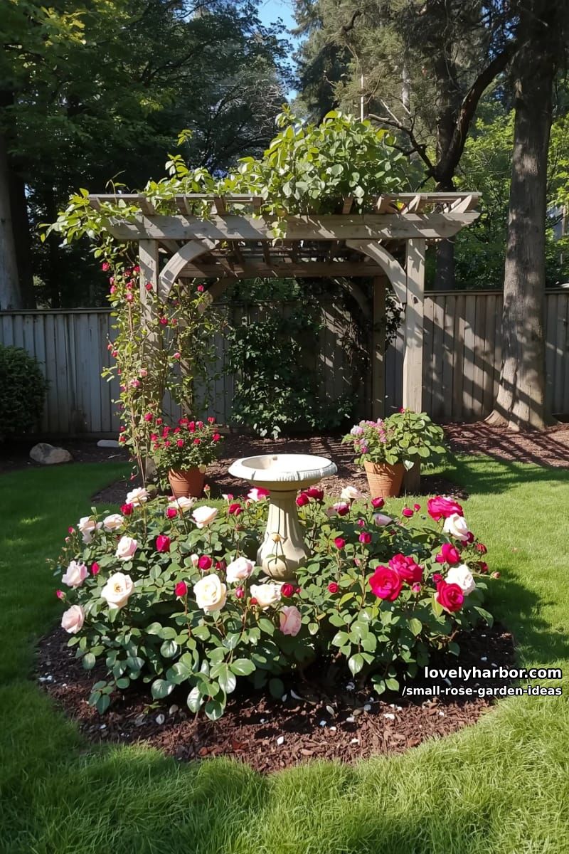 circular rose bush arrangement with birdbath and shaded wooden arbor. 1