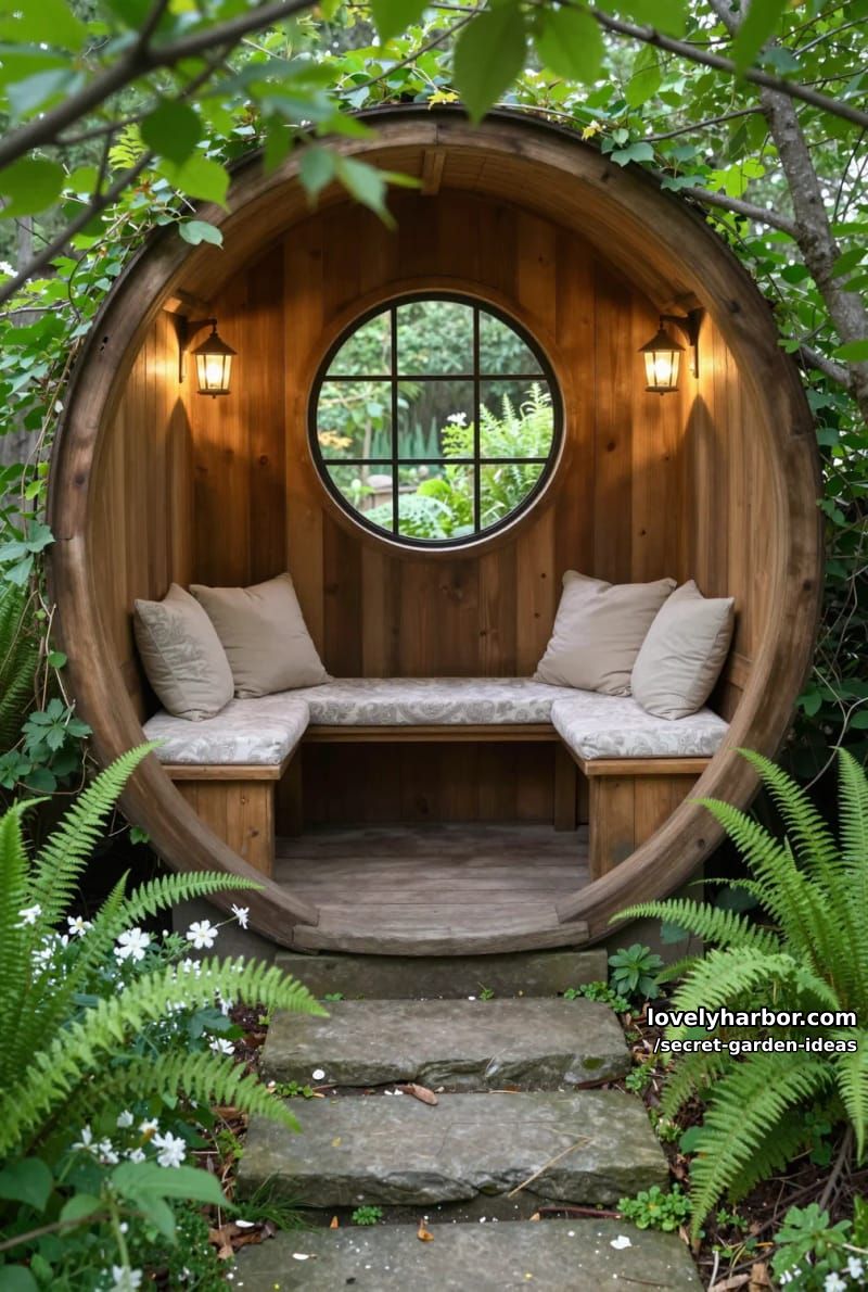circular wooden garden nook with cushioned bench and lantern lighting. 1
