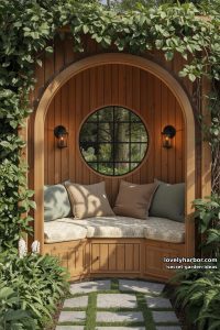 circular wooden garden nook with cushioned bench and lantern lighting. 38
