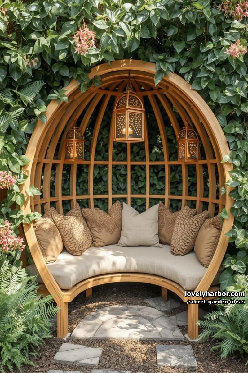 circular wooden garden nook with cushioned bench and lantern lighting. 1