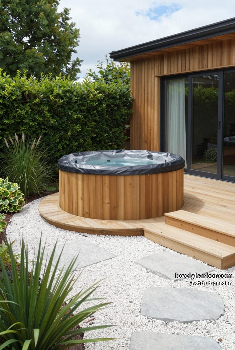 circular wooden hot tub on deck beside modern house and white gravel path. 1
