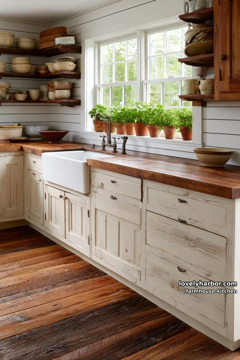 44 Trendy Farmhouse Kitchen Ideas to Inspire Your Next Remodel 43 classic farmhouse with cream cabinets, wood countertops, and terracotta pots. 1