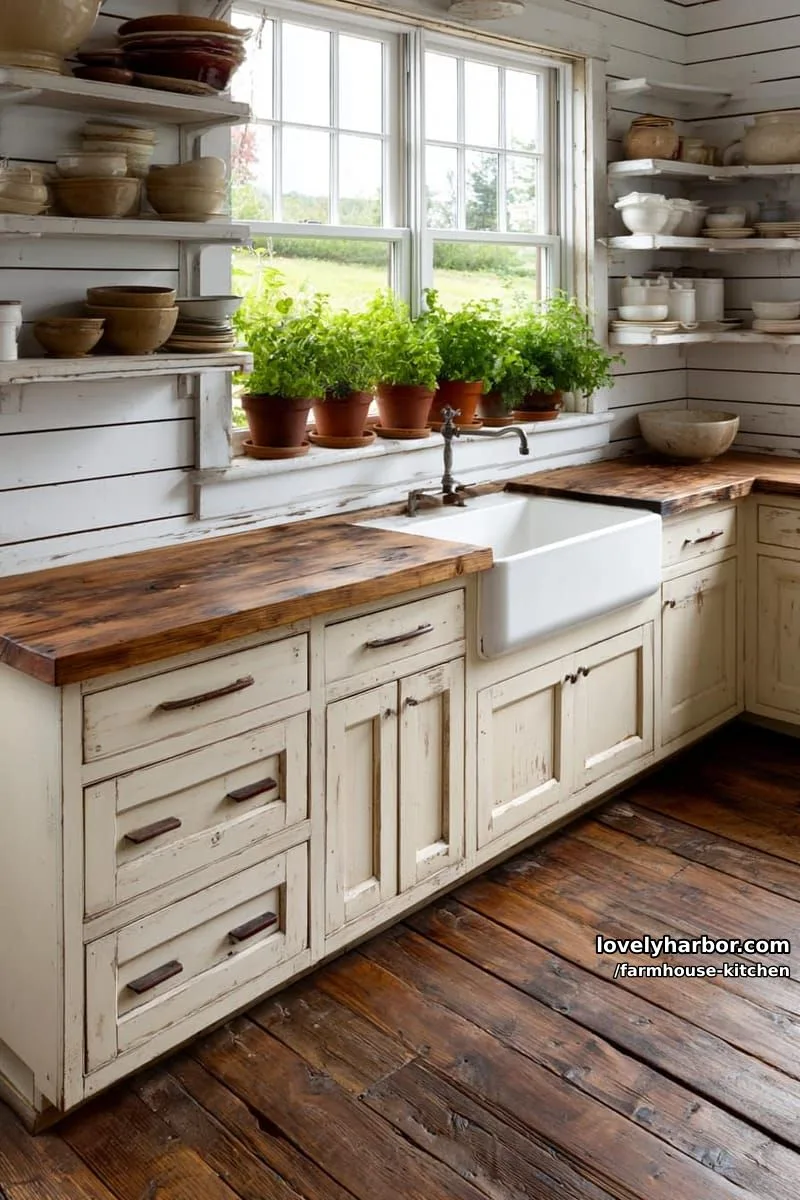 44 Trendy Farmhouse Kitchen Ideas to Inspire Your Next Remodel 44 classic farmhouse with cream cabinets, wood countertops, and terracotta pots. 1