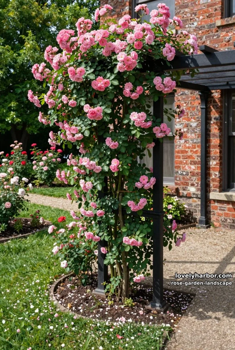 climbing pink rose bush on black pergola beside brick wall. 1