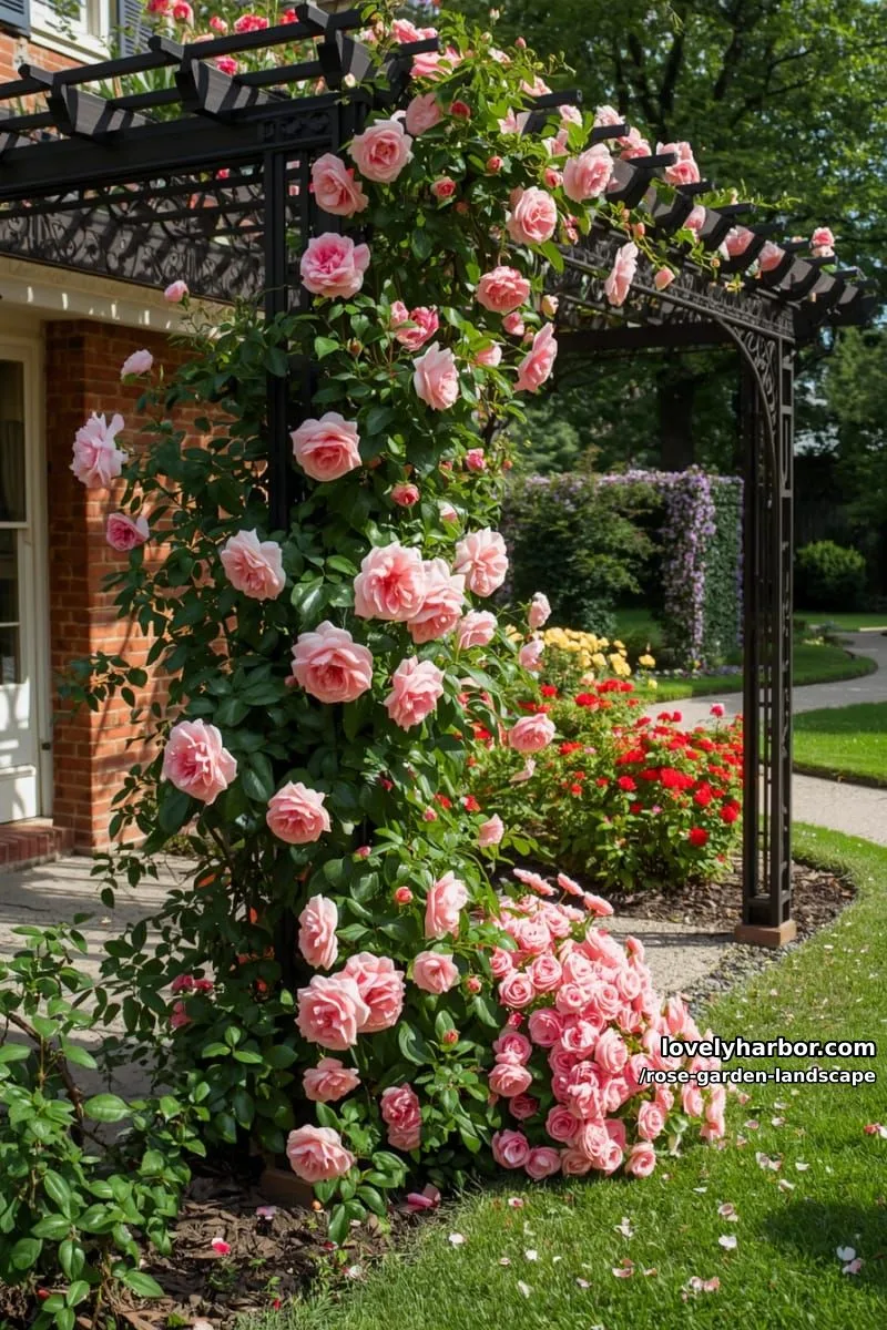 climbing pink rose bush on black pergola beside brick wall. 1