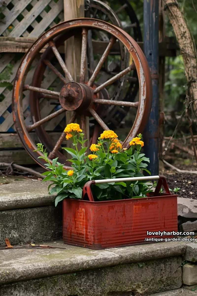 20 Antique Garden Decor Ideas for an Extraordinary Look 18 close-up of recycled garden decor using toolbox planters and rusty metal. 1