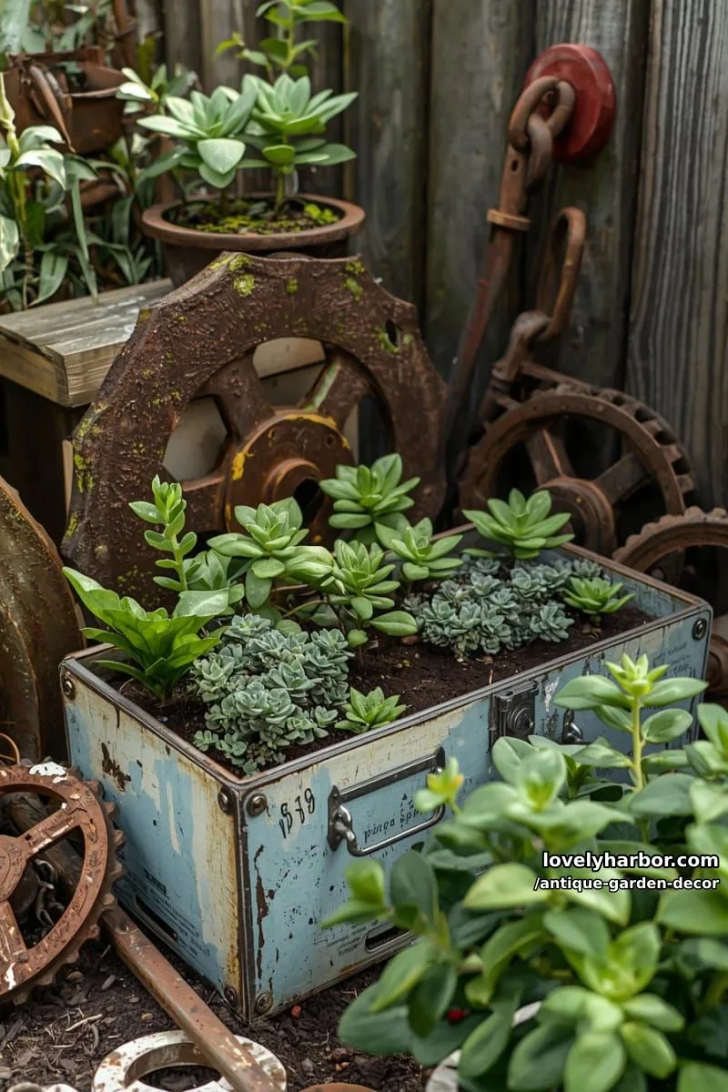 20 Antique Garden Decor Ideas for an Extraordinary Look 19 close-up of recycled garden decor using toolbox planters and rusty metal. 1