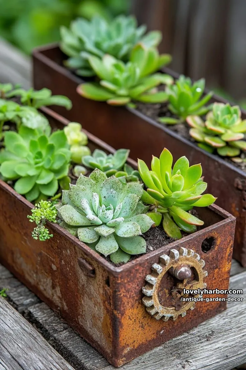 20 Antique Garden Decor Ideas for an Extraordinary Look 20 close-up of recycled garden decor using toolbox planters and rusty metal. 1