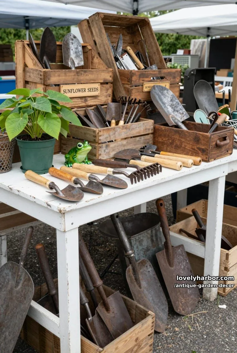 20 Antique Garden Decor Ideas for an Extraordinary Look 2 cluttered flea market table with vintage gardening tools and rustic garden decor. 1