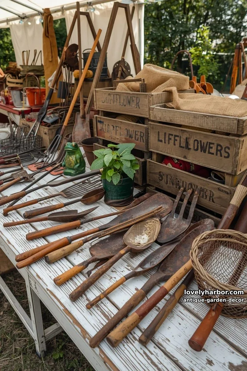 20 Antique Garden Decor Ideas for an Extraordinary Look 3 cluttered flea market table with vintage gardening tools and rustic garden decor. 1