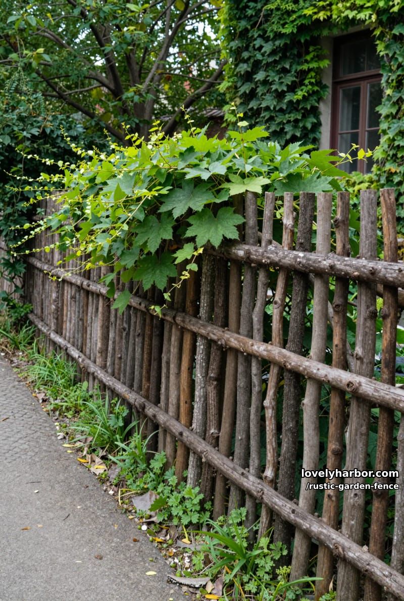 cobblestone path beside branch fence topped with green vines. 1