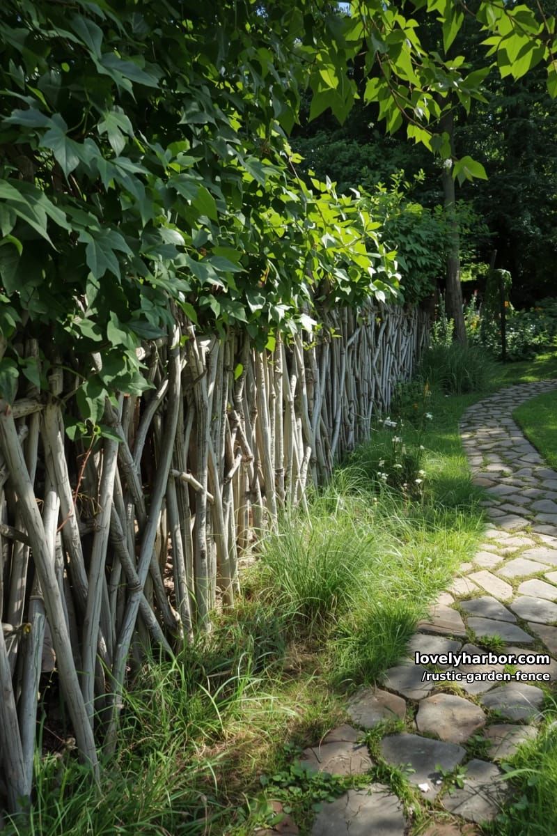 cobblestone path beside branch fence topped with green vines. 1