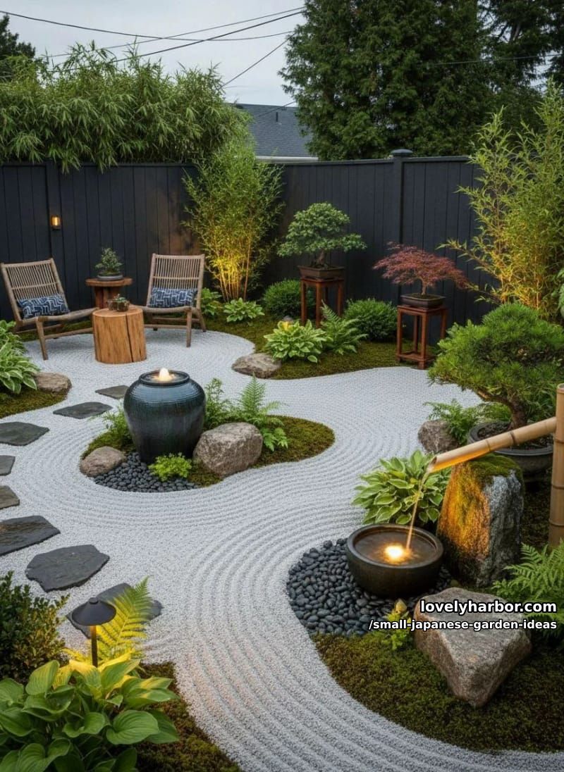 collage of small zen gardens with raked gravel, stones, bonsai, and water features. 1