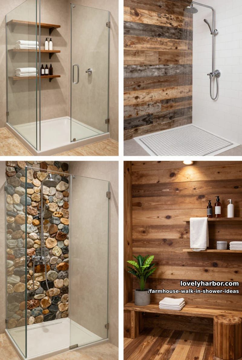 collage: rustic showers with river stones, reclaimed wood, multicolor stone, and wood planks. 1