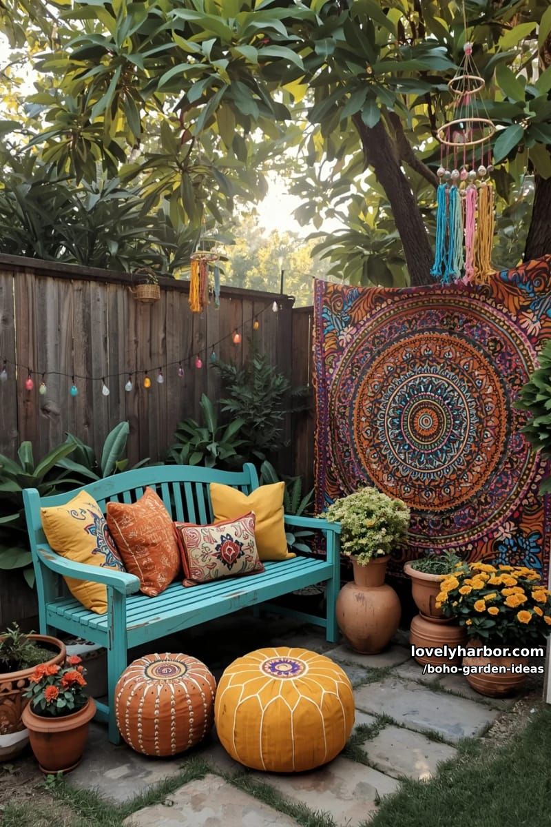 colorful bohemian backyard with painted bench, string lights, mandala tapestry, and plants. 1