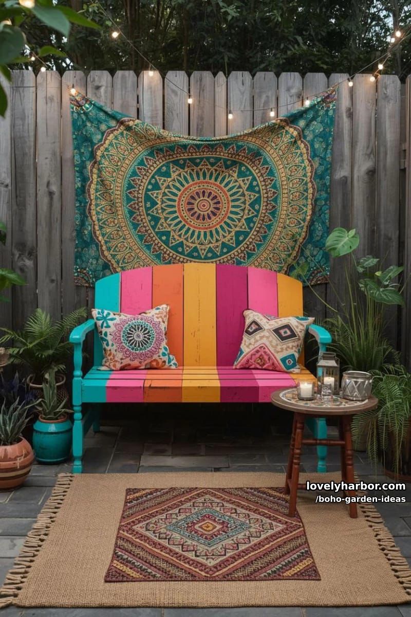 colorful bohemian backyard with painted bench, string lights, mandala tapestry, and plants. 1