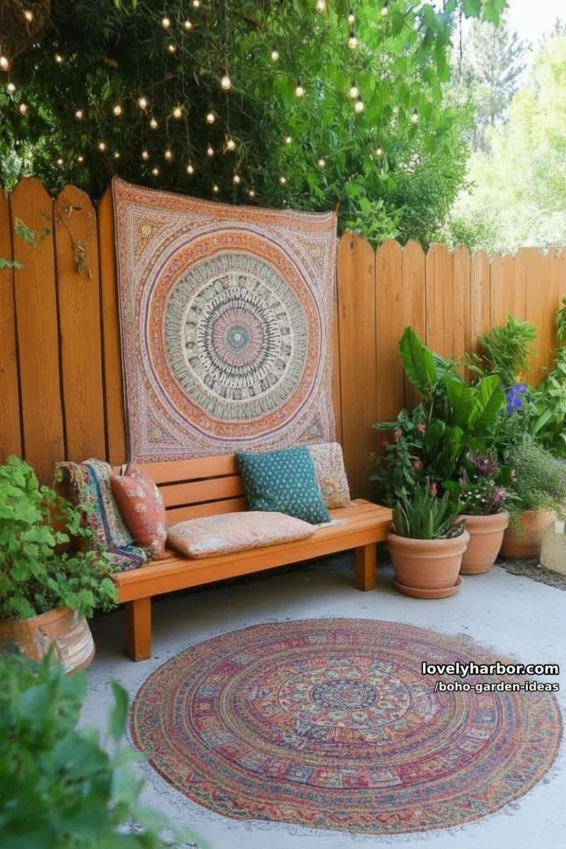 colorful bohemian backyard with painted bench, string lights, mandala tapestry, and plants. 1