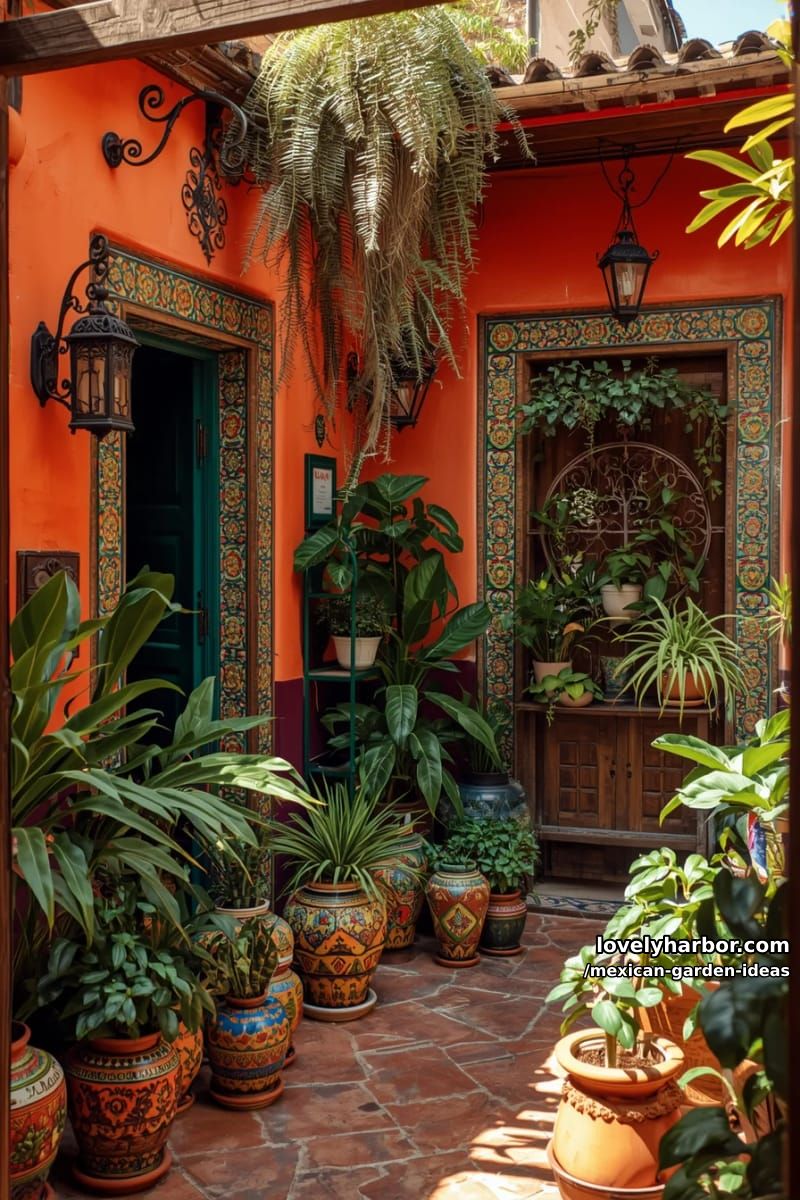 colorful mexican courtyard with hand-painted pots and talavera tile details. 1