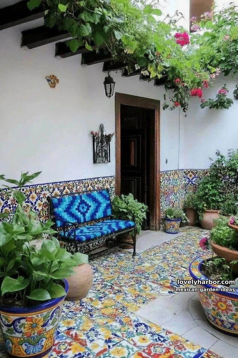 colorful mexican courtyard with hand-painted pots and talavera tile details. 1