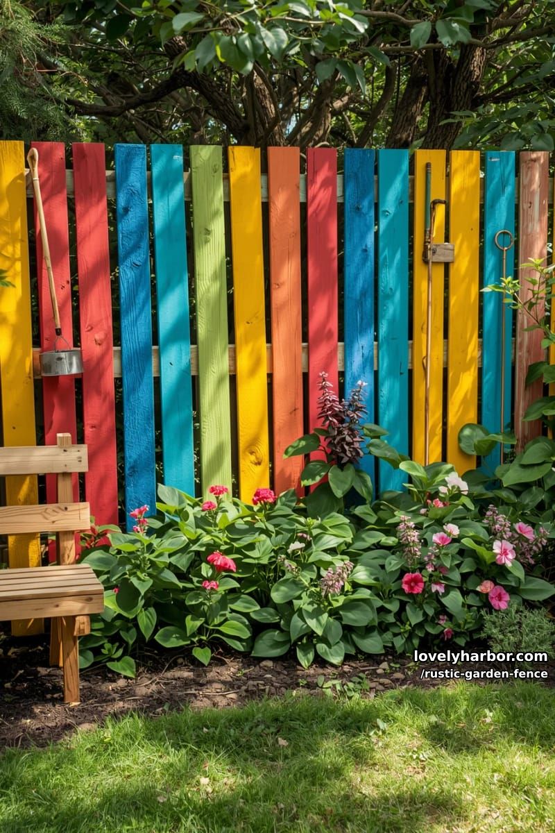 colorful pallet garden fence against leafy garden bed and wooden bench 1